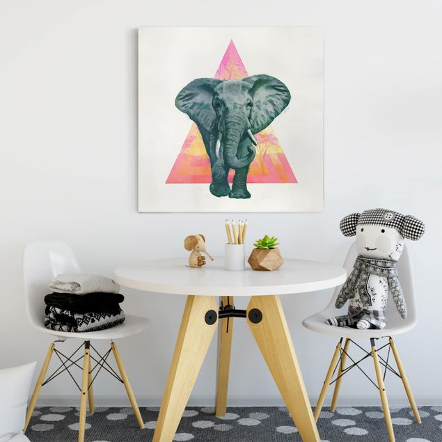 Nowoczesne obrazy do salonu Ilustracja przedstawiająca słonia na tle trójkątnego obrazu
