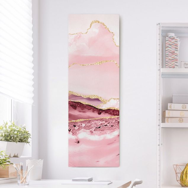 Dekoracja do kuchni Abstrakcyjne góry w kolorze różowym ze złotymi liniami