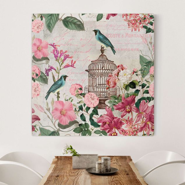 Dekoracja do kuchni Kolaż w stylu shabby chic - różowe kwiaty i niebieskie ptaki