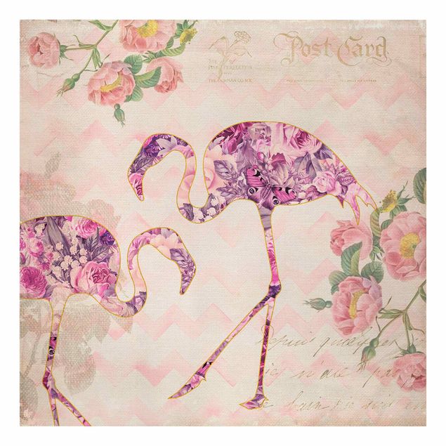 Zwierzęta obrazy Kolaż w stylu vintage - różowe kwiaty, flamingi