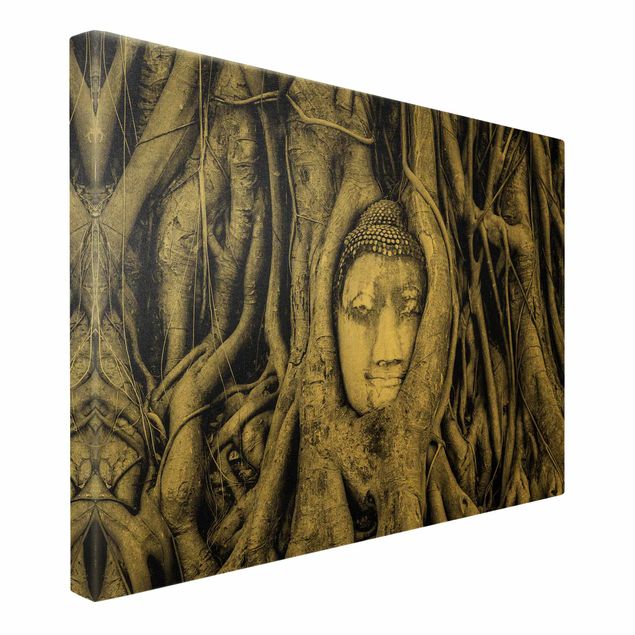 Obrazy na ścianę Budda w Ayuttaya otoczony korzeniami drzew w czerni i bieli