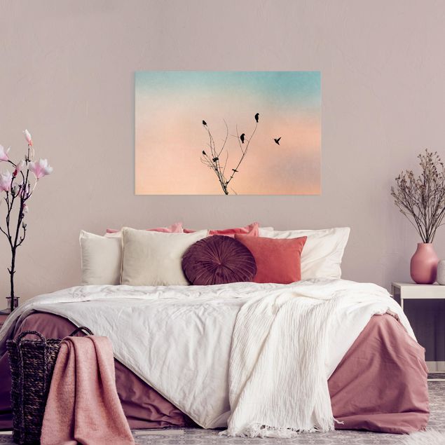 Obrazy do salonu nowoczesne Ptaki na tle różowego słońca II