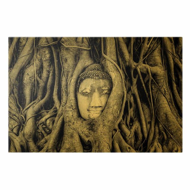 Obraz na płótnie czarno biały Budda w Ayuttaya otoczony korzeniami drzew w czerni i bieli