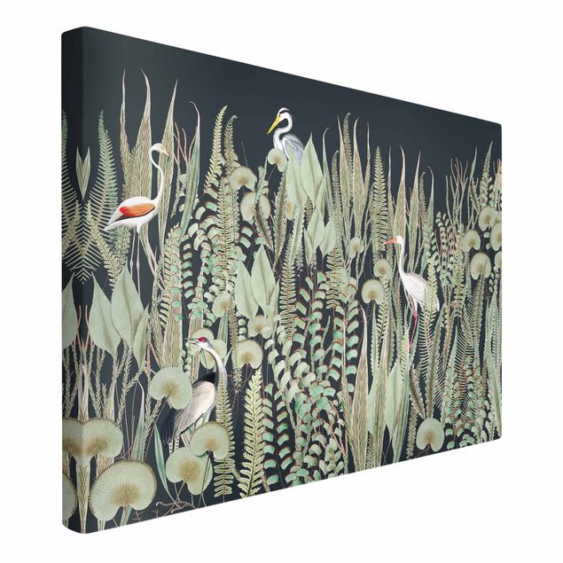 Obrazy zwierzęta Flamingo i bocian z roślinami na zielonym tle