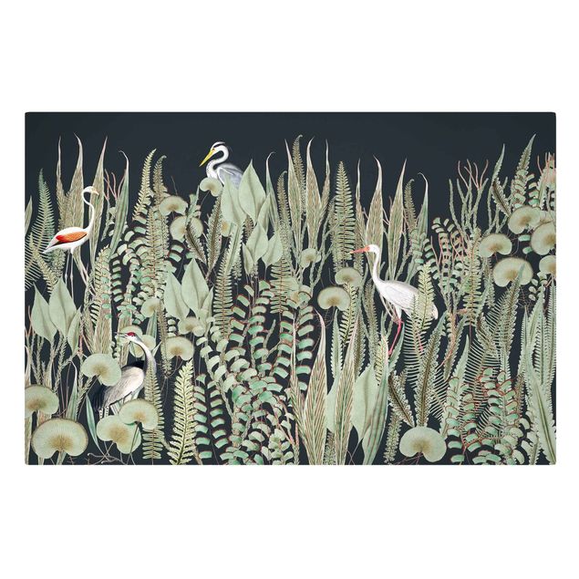 Obrazy vintage Flamingo i bocian z roślinami na zielonym tle