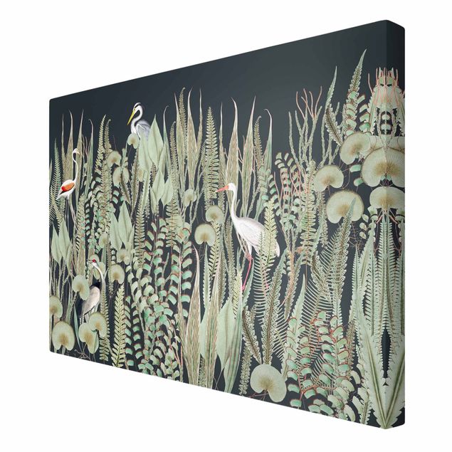 Obrazy retro Flamingo i bocian z roślinami na zielonym tle