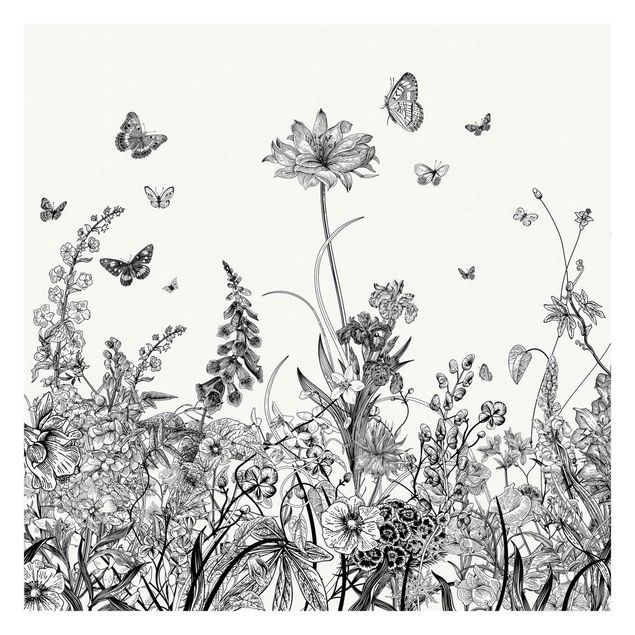 Fototapeta - Duże kwiaty z motylami w kolorze czarnym