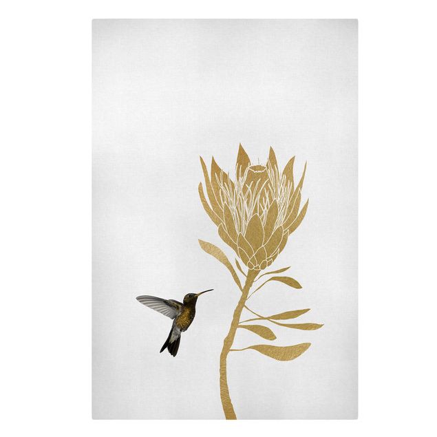 Obrazy ptaki na płótnie Koliber i tropikalny złoty kwiat
