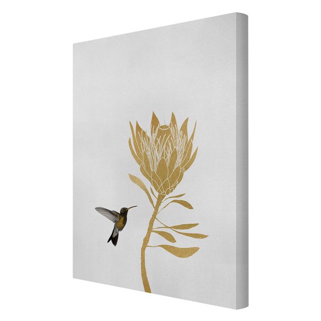 Obrazy z motywem kwiatowym Koliber i tropikalny złoty kwiat