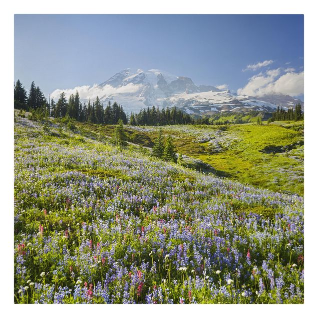 Drzewo obraz Mountain Meadow With Red Flowers in Front of Mt. Rainier