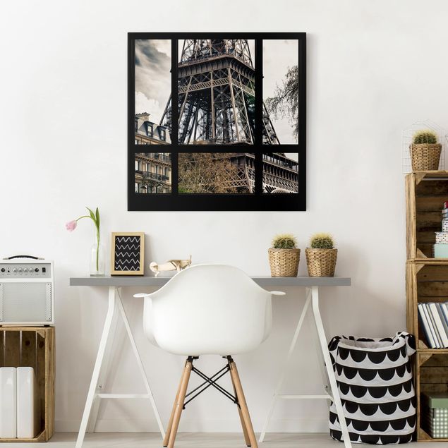 Nowoczesne obrazy do salonu Widok z okna na Paryż - w pobliżu wieży Eiffla czarno-białe
