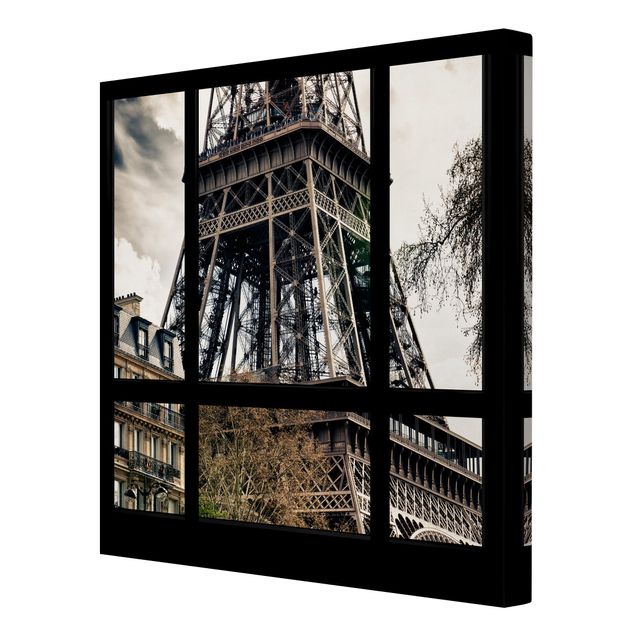 Obrazki czarno białe Widok z okna na Paryż - blisko wieży Eiffla czarny biały