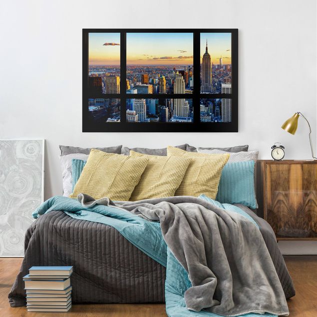 Obrazy do salonu nowoczesne Widok z okna - wschód słońca w Nowym Jorku