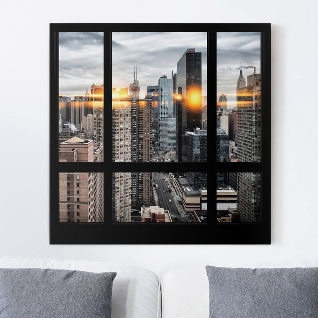 Dekoracja do kuchni Widok z okna na Nowy Jork z odbiciem słońca