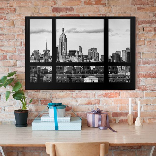 Dekoracja do kuchni Widok z okna na panoramę Nowego Jorku czarny biały
