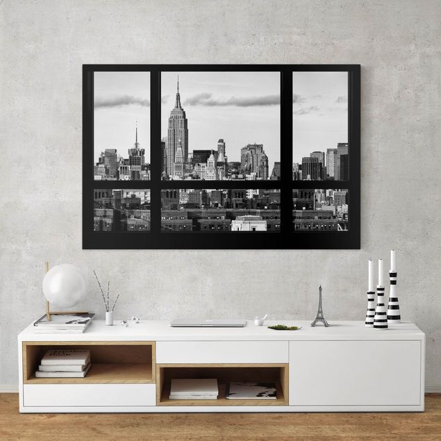 Obrazy do salonu nowoczesne Widok z okna na panoramę Nowego Jorku czarny biały