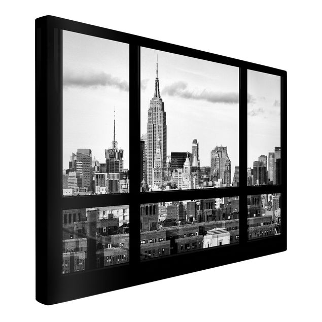 Nowoczesne obrazy Widok z okna na panoramę Nowego Jorku czarny biały