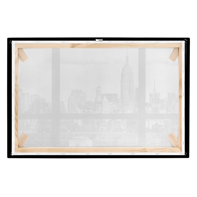 Czarno białe obrazki Widok z okna na panoramę Nowego Jorku czarny biały