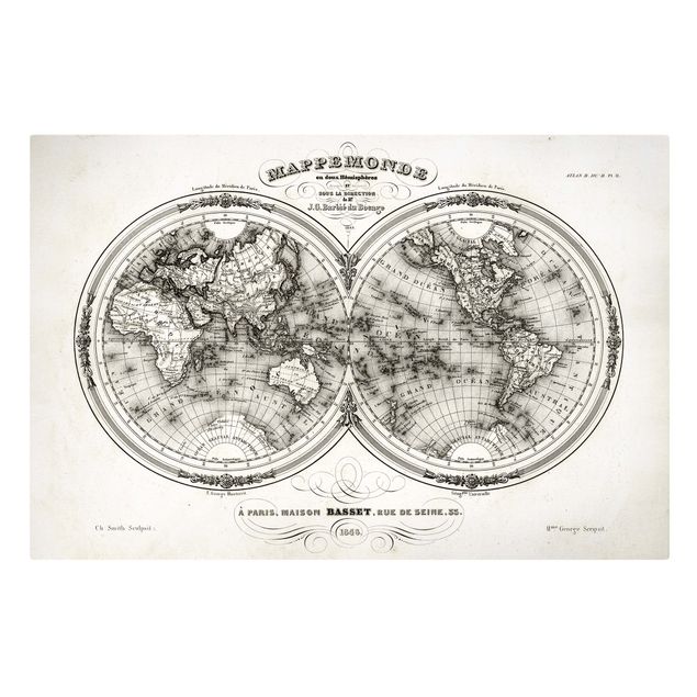 Czarno białe obrazki Francuska mapa półkul z 1848 r.