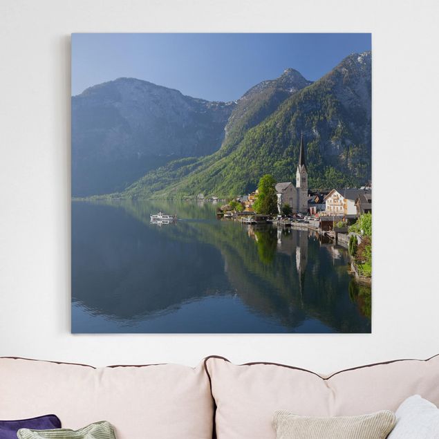 Nowoczesne obrazy do salonu Jezioro Hallstatt i widok na góry