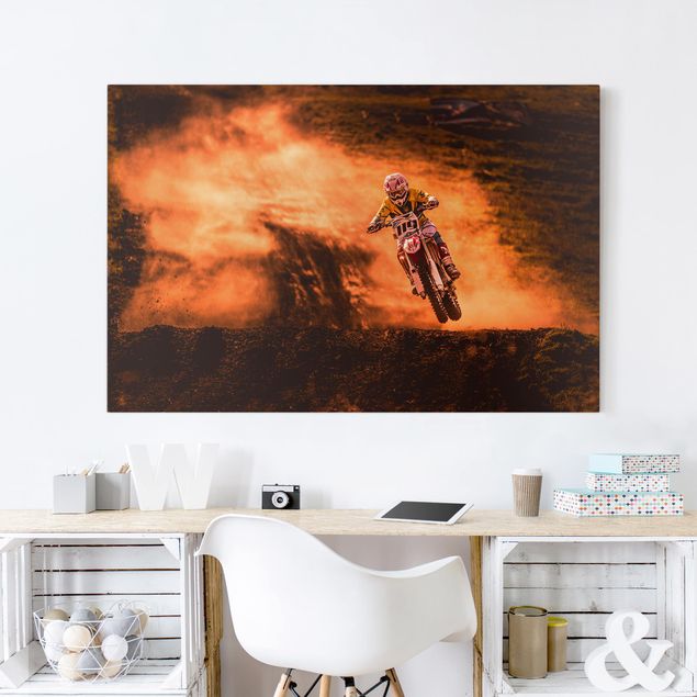 Obrazy do salonu nowoczesne Motocross w kurzu
