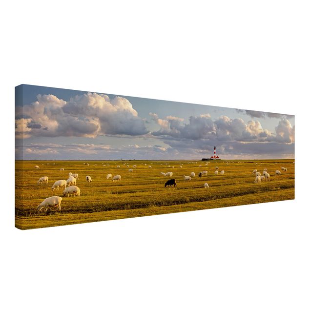 Obrazy krajobraz Latarnia morska na Morzu Północnym ze stadem owiec
