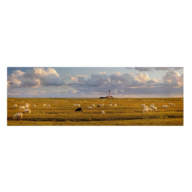 Obrazy zwierzęta Latarnia morska na Morzu Północnym ze stadem owiec