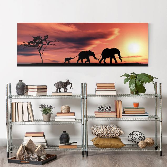Nowoczesne obrazy do salonu Rodzina słoni w Sawannie