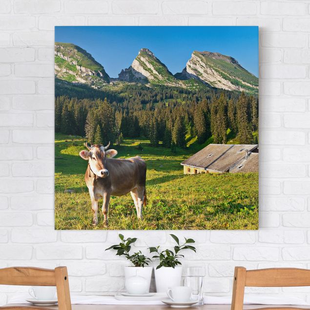 Obrazy Szwajcaria Szwajcarska łąka alpejska z krową