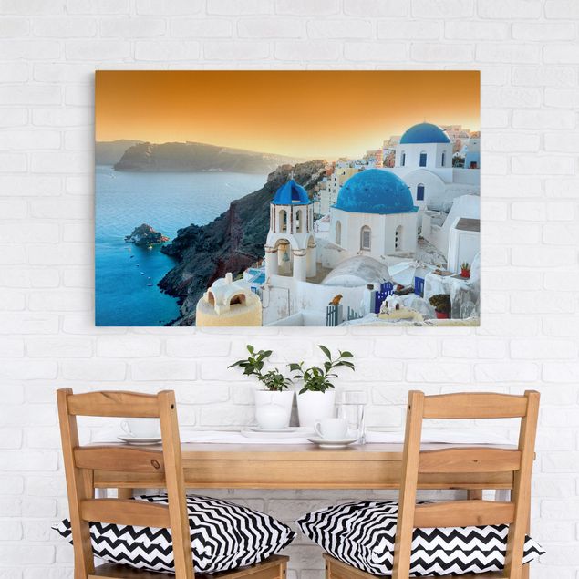 Nowoczesne obrazy do salonu Zachód słońca nad Santorini