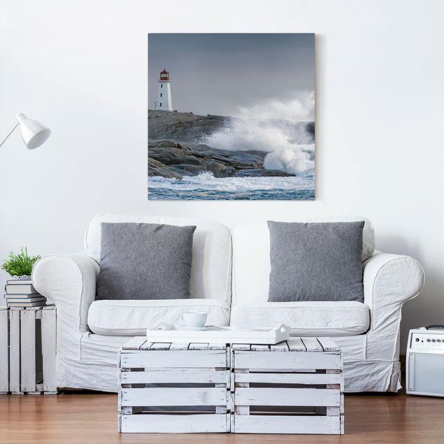Obrazy do salonu Fale sztormowe przy latarni morskiej