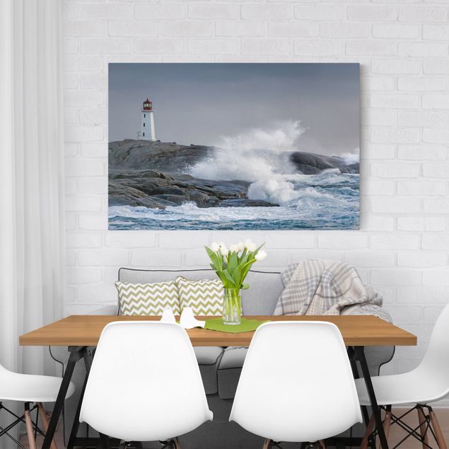 Obrazy nowoczesne Fale sztormowe przy latarni morskiej
