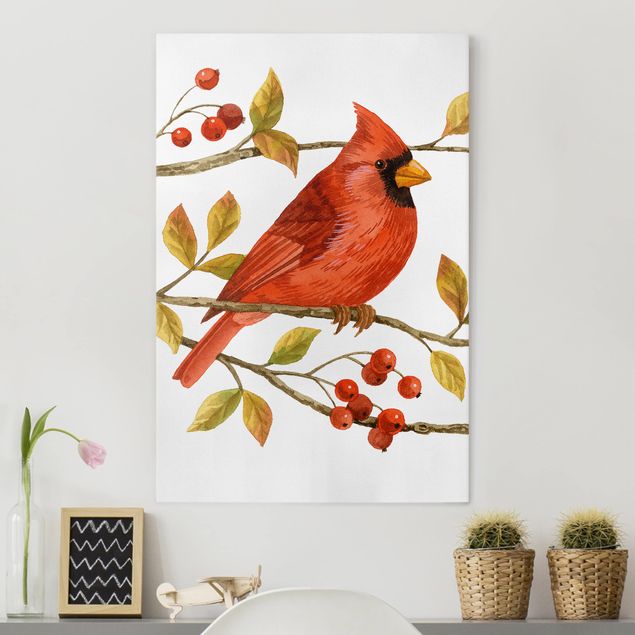 Obrazy do salonu Ptaki i jagody - Czerwony kardynał