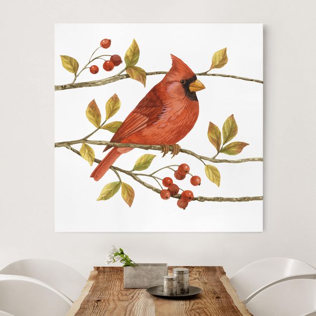 Obrazy do salonu Ptaki i jagody - Czerwony kardynał