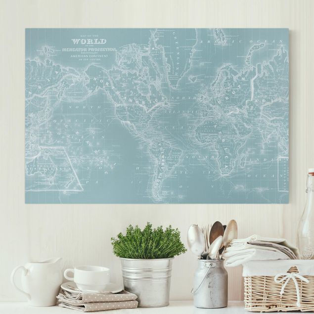 Obrazy do salonu Mapa świata w kolorze lodowego błękitu