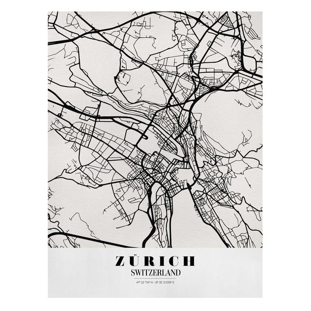 Obrazki czarno białe Mapa miasta Zurych - Klasyczna