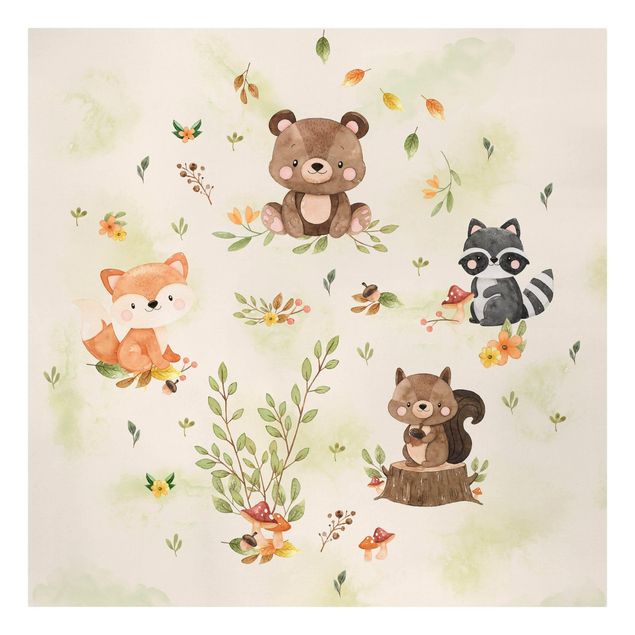 Obrazy krajobraz Zwierzęta leśne Jesień Lis Niedźwiedź Wiewiórka Szop pracz