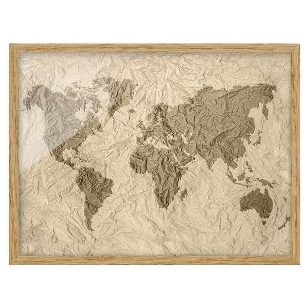 Obrazy w ramie do kuchni Papierowa mapa świata beżowo-brązowa