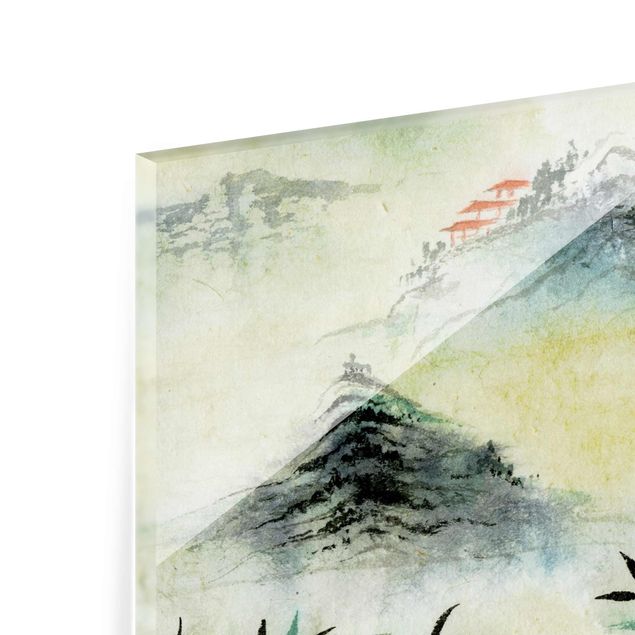 Obrazy z górami Japoński rysunek akwarelą Las bambusowy
