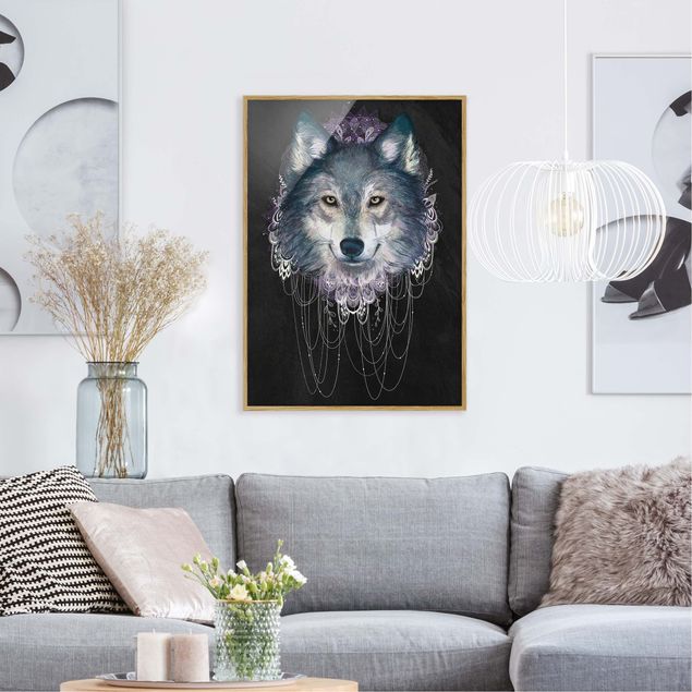 Obrazy w ramie do korytarzu Ilustracja wilka z boho łowcą snów Czarna