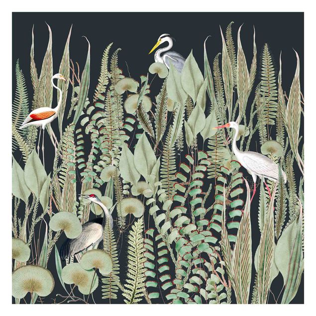 Tapety Flamingo i bocian z roślinami na zielonym tle
