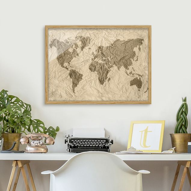 Obrazy w ramie do korytarzu Papierowa mapa świata beżowo-brązowa