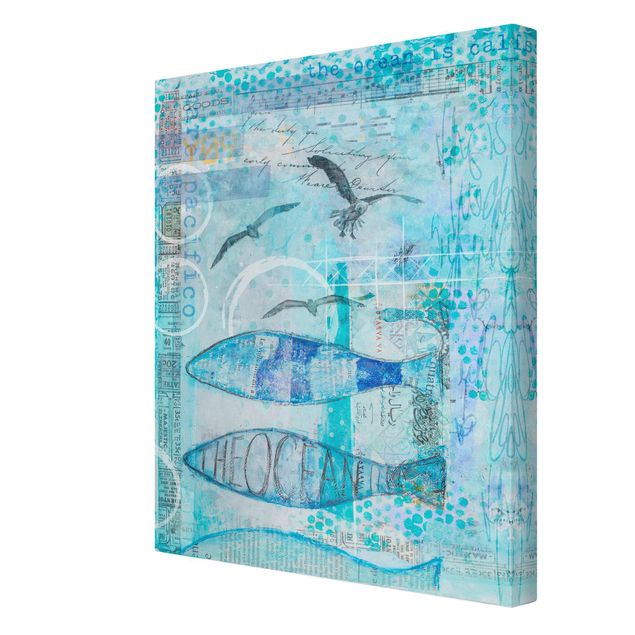 Obraz shabby chic Kolorowy kolaż - Niebieskie rybki