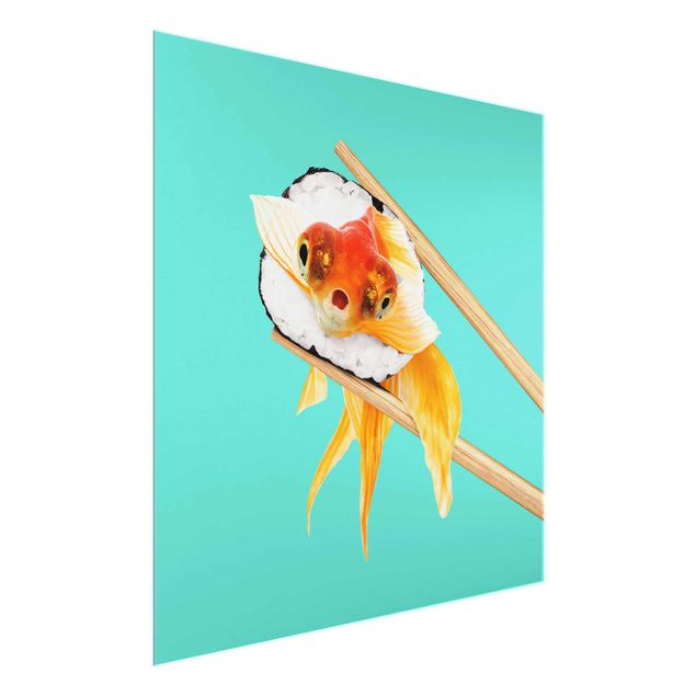 Obrazy na szkle kwadrat Sushi z złotą rybką
