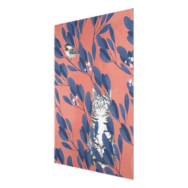 Obrazy do salonu Ilustracja przedstawiająca kota i ptaka na gałęzi Niebieskoczerwony