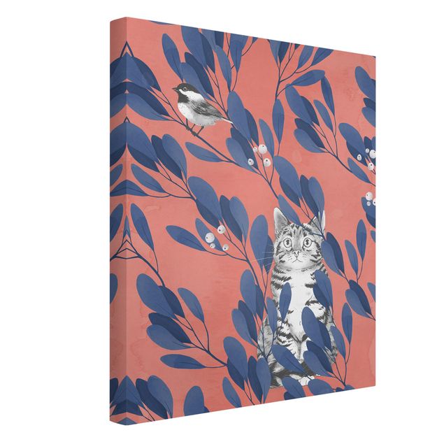Obrazy nowoczesne Ilustracja przedstawiająca kota i ptaka na gałęzi Niebieskoczerwony