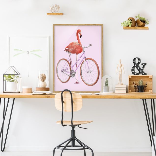 Obrazy w ramie do korytarzu Flamingo z rowerem