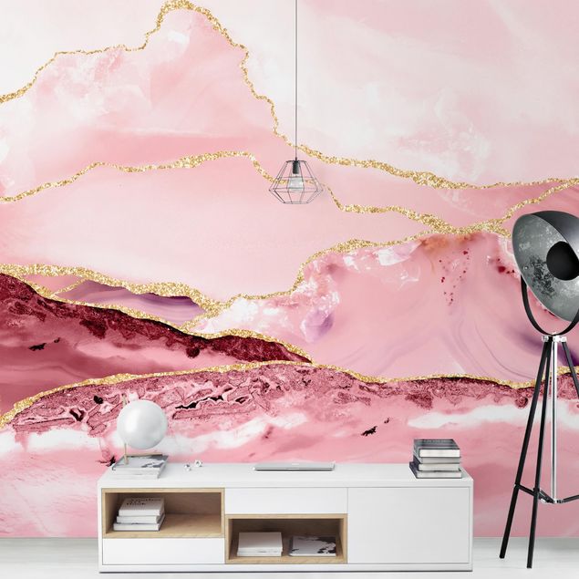 Fototapeta góry Abstrakcyjne góry różowe ze złotymi liniami