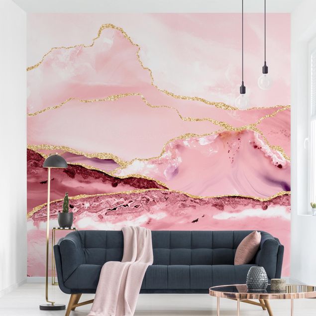 Fototapeta różowa Abstrakcyjne góry różowe ze złotymi liniami