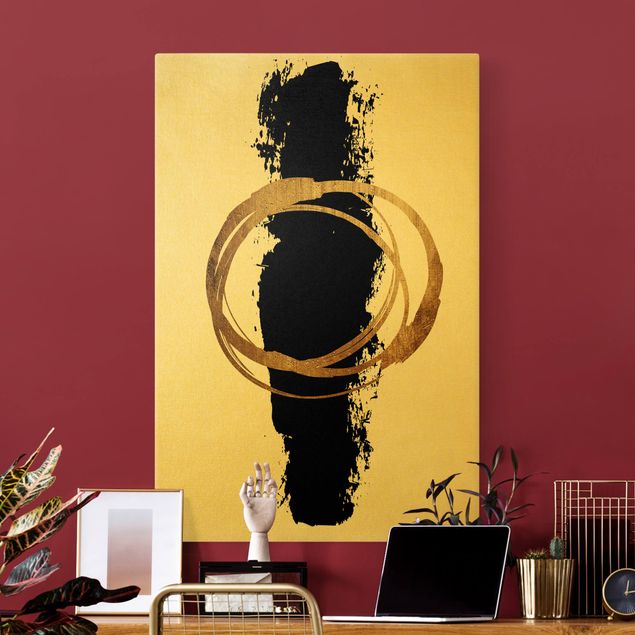 Nowoczesne obrazy do salonu Abstrakcyjne kształty - złoto i czerń